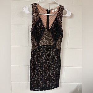 Lush Black Lace Mini Dress with Nude Lining